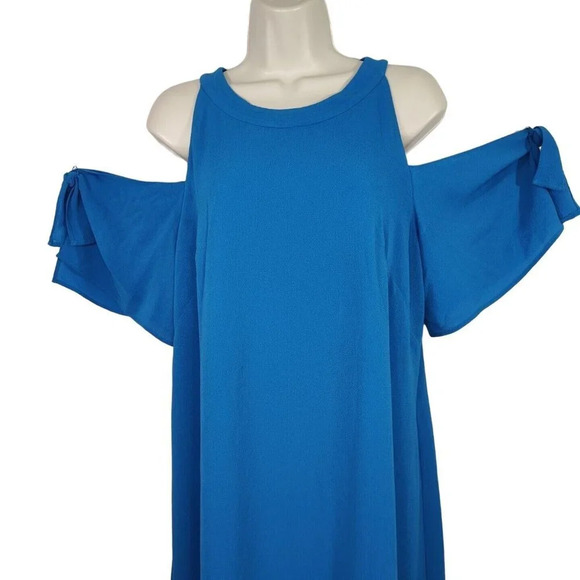 London Times Blue Cold Shoulder Swing Shift Dress Women Size 12 Knee Length - Picture 2 of 8